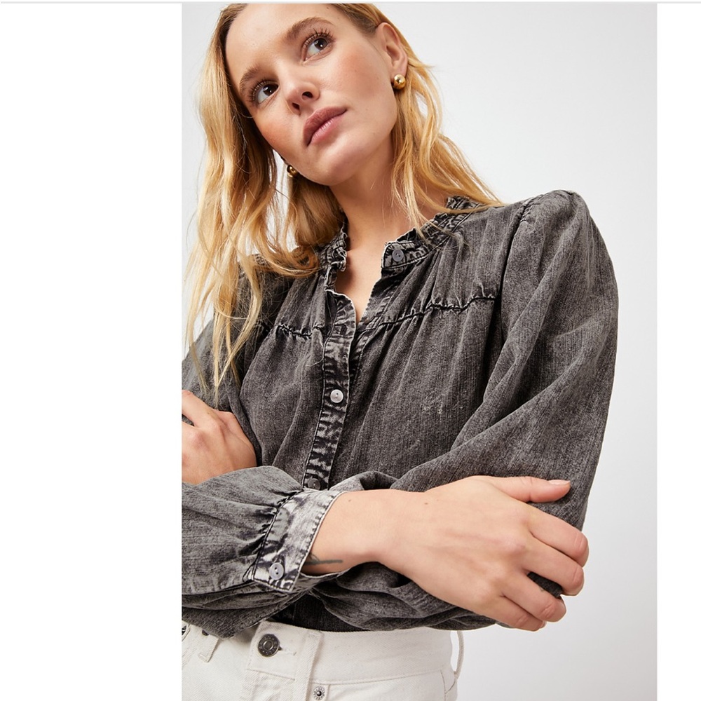 Rails Washed Black Ruffled Yoke Button-Down Blouse - Picture 5 of 5